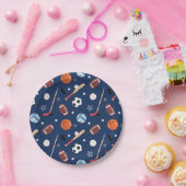 Kinder sportuitrustingspatroon op blauwe dag papieren bordje (Feest)