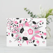 kinder sportverjaardag roze zwart voetbal blowout aankondiging (Staand voorkant)