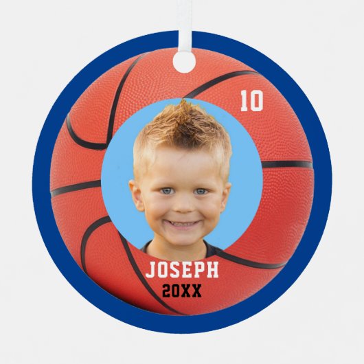 Kinder Sporty Blue Photo Basketball Metalen Ornament (Voorkant)