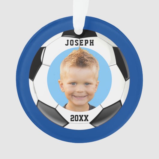 Kinder Sporty Blue Photo Soccer  Ornament (voorkant)