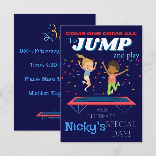 Kinder Sprong Trampoline Park Birthday Invitations Kaart (Voorkant / Achterkant)