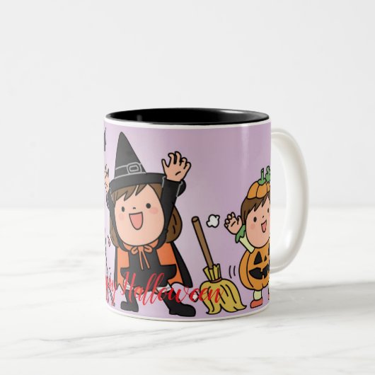 Kinder stoeien op Halloween Party Tweekleurige Koffiemok (Voorkant rechts)