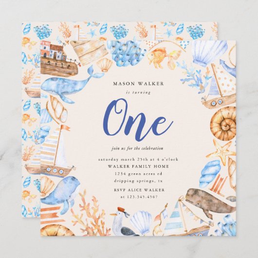 kinder strand eerste verjaardag uitnodiging (Voorkant / Achterkant)