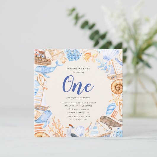 kinder strand eerste verjaardag uitnodiging (Staand voorkant)