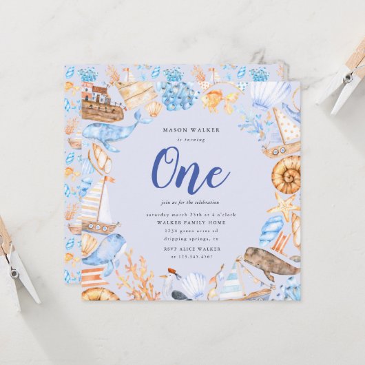 kinder strand eerste verjaardag uitnodiging (Voorkant / Achterkant in situ)