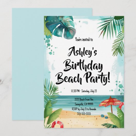 Kinder strand verjaardagsfeestje kaart (Voorkant / Achterkant)