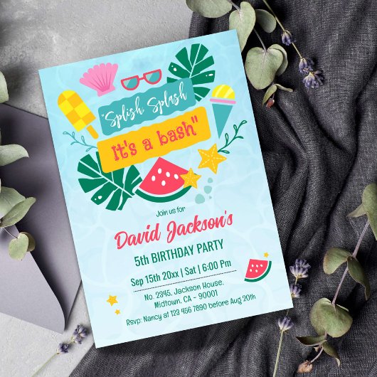 Kinder strand zwembad feest 5e verjaardag kaart