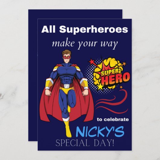 Kinder superheld Birthday Invitation Kaart (Voorkant / Achterkant)