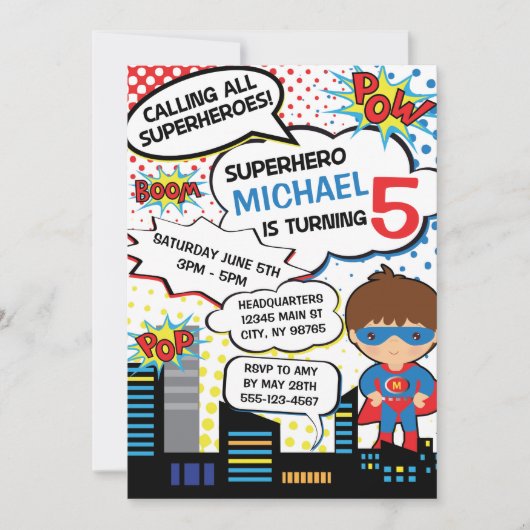 Kinder superheld Birthday Party Invitation Boy Her Kaart (Voorkant)