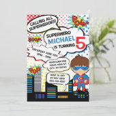 Kinder superheld Birthday Party Invitation Boy Her Kaart (Staand voorkant)