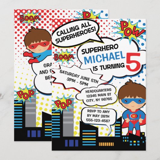 Kinder superheld Birthday Party Invitation Boy Her Kaart (Voorkant / Achterkant)