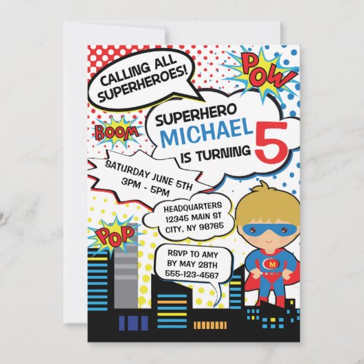 Kinder superheld Birthday Party Invitation Boy Her Kaart (Voorkant)