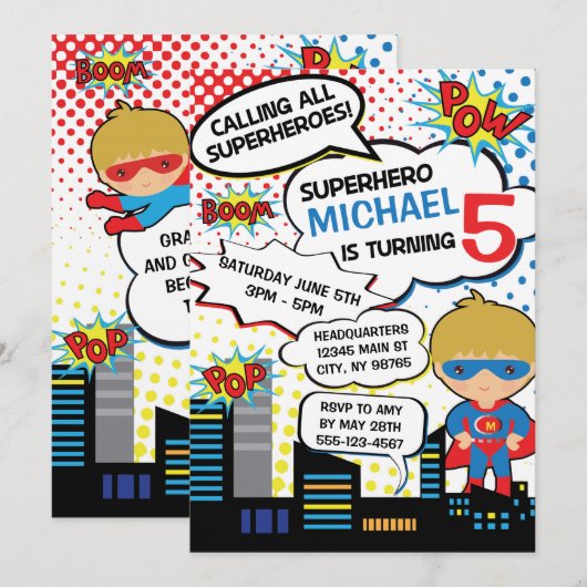 Kinder superheld Birthday Party Invitation Boy Her Kaart (Voorkant / Achterkant)