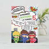 Kinder superheld Birthday Party Invite Boy Girl He Kaart (Staand voorkant)