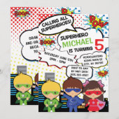 Kinder superheld Birthday Party Invite Boy Girl He Kaart (Voorkant / Achterkant)