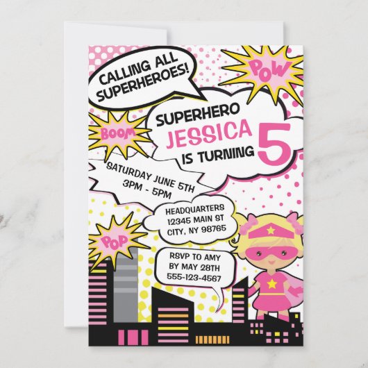 Kinder superheld Birthday Party Invite Girl Hero Kaart (Voorkant)