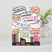 Kinder superheld Birthday Party Invite Girl Hero Kaart (Staand voorkant)