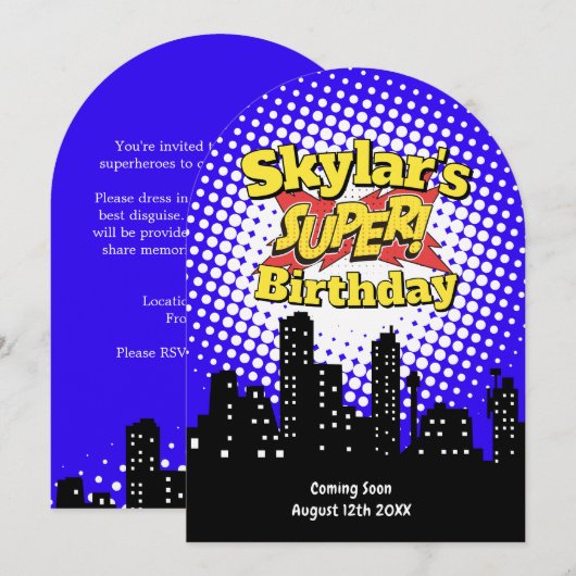 Kinder Superheld Party Uitnodiging - RIP 20s Begra (Voorkant / Achterkant)