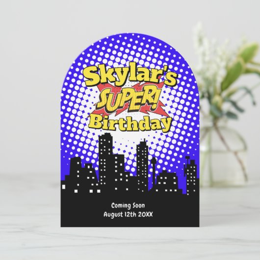 Kinder Superheld Party Uitnodiging - RIP 20s Begra (Staand voorkant)