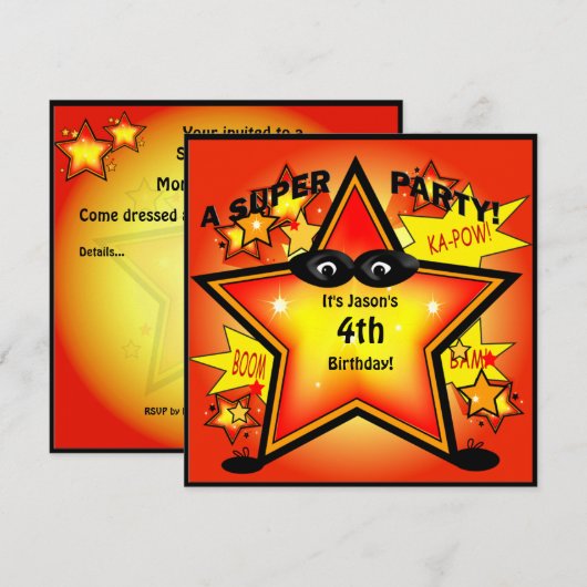 Kinder superheld Star Birthday Party Invitation Kaart (Voorkant / Achterkant)