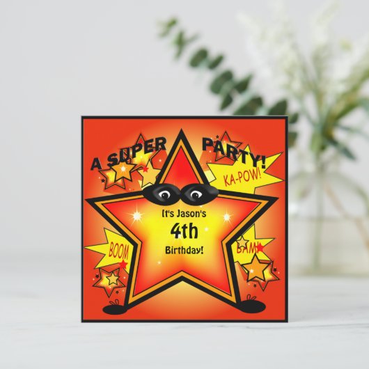 Kinder superheld Star Birthday Party Invitation Kaart (Staand voorkant)