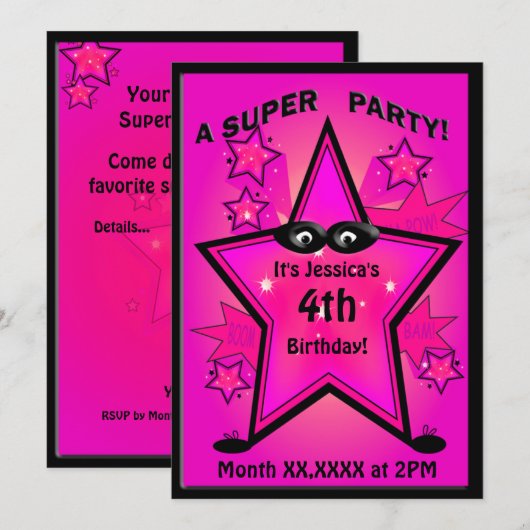 Kinder superheld Star Girl Birthday Party Kaart (Voorkant / Achterkant)
