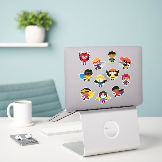Kinder superhelden en supervillains sticker (Laptop op bureau)