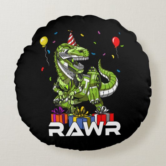 Kinder T-Rex Dinosaur Robot Rawr Birthday Boy Part Rond Kussen (Voorkant)