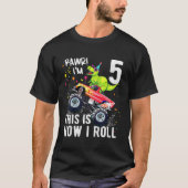 Kinder T Rex Dinosaurus Monster Truck 5e Verjaarda T-shirt (Voorkant)