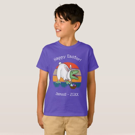 Kinder T-Rex in paasbunny Costume Egg Hunt Name T-shirt (Voorkant volledig)