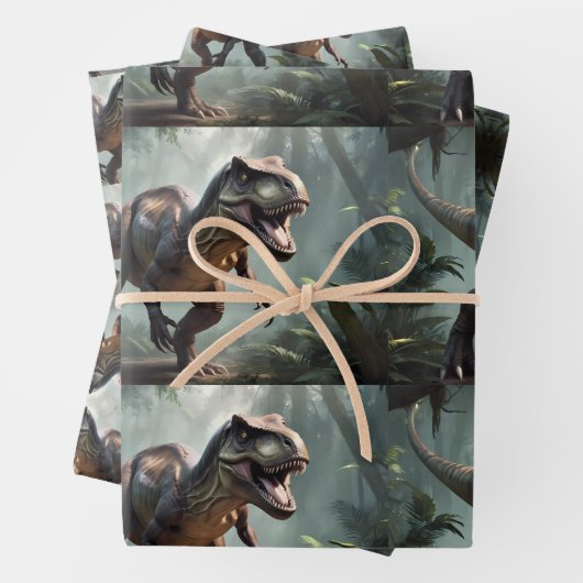 Kinder T-Rex loopt door oerwoud Inpakpapier Vel (In situ)