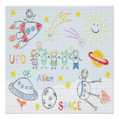 Kinder tekening, ruimte, aliens, universum, schatt perfect poster (Voorkant)
