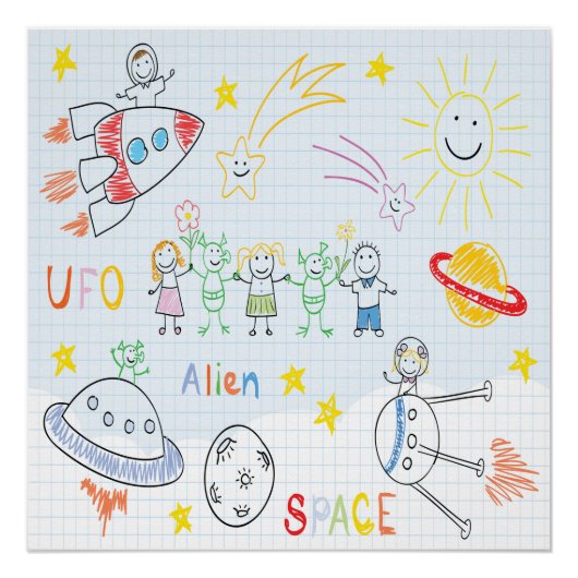 Kinder tekening, ruimte, aliens, universum, schatt perfect poster (Voorkant)