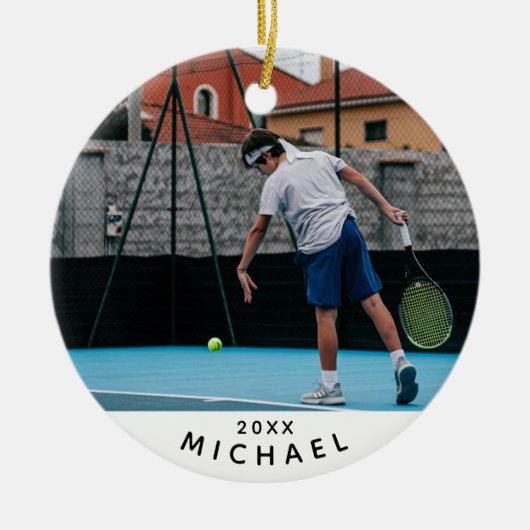 Kinder Tennis Player Foto Afbeelding Naam & Jaar S Keramisch Ornament (Voorkant)