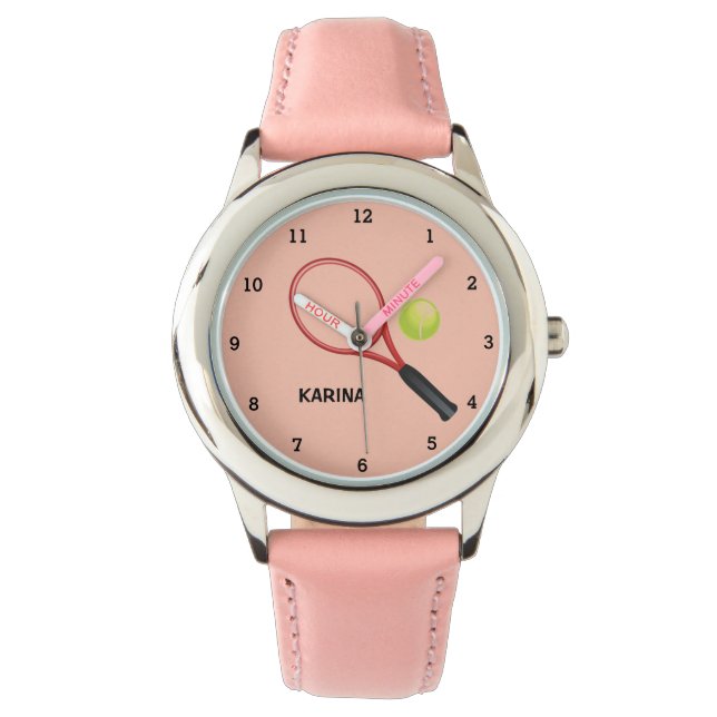 Kinder Tennis Sport Meisje Speler Roze Naam Horloge (Voorkant)
