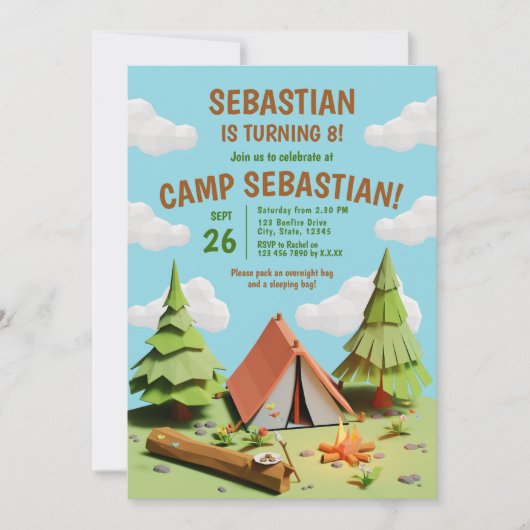 Kinder Tent Camp Fire Outdoors Verjaardagsfeest Kaart (Voorkant)