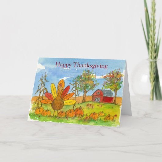 Kinder Thanksgiving Turkije Rode Barn pompoen Feestdagen Kaart (Voorkant)