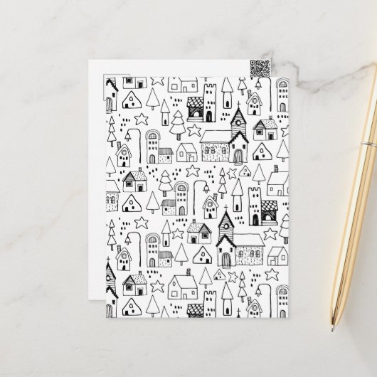 Kinder themadorp Whimsical Black & White Invite Briefkaart (Voorkant / Achterkant in situ)