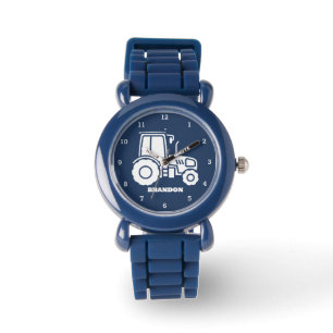 Kinder Tractor Boys Blauw Aangepaste Naam Horloge