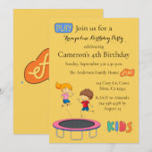 Kinder Trampoline Birthday Party Invitation Yellow Kaart (Voorkant / Achterkant)