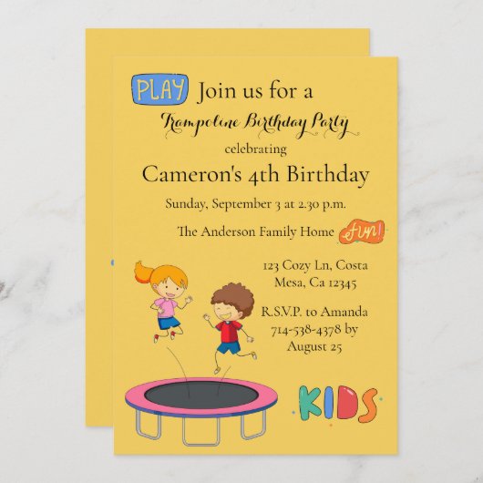 Kinder Trampoline Birthday Party Invitation Yellow Kaart (Voorkant / Achterkant)