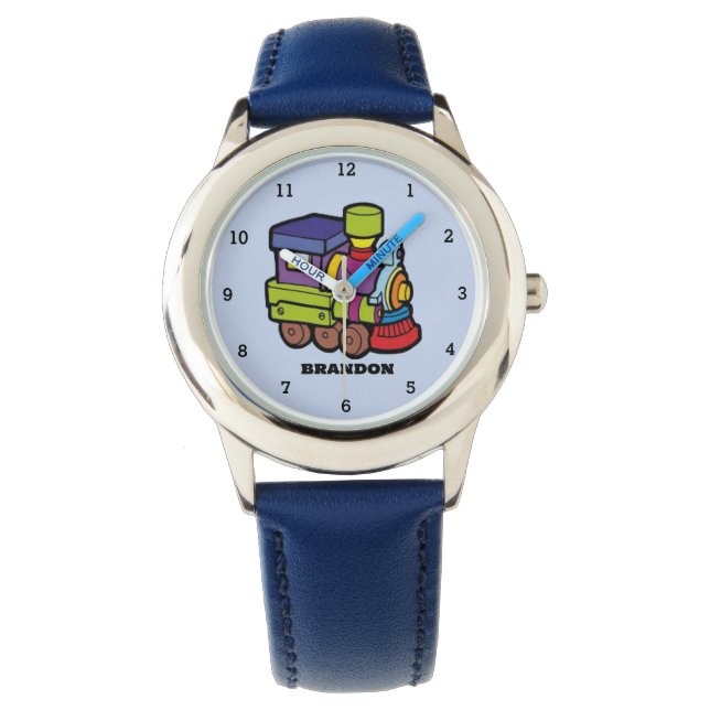 Kinder Treinjongens Blauw Aangepaste Naam Horloge (Voorkant)