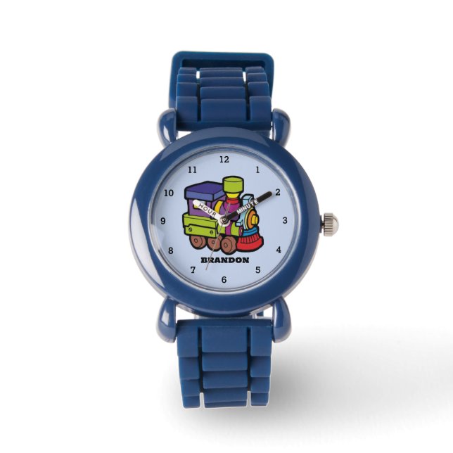Kinder Treinjongens Blauw Aangepaste Naam Horloge (Voorkant)