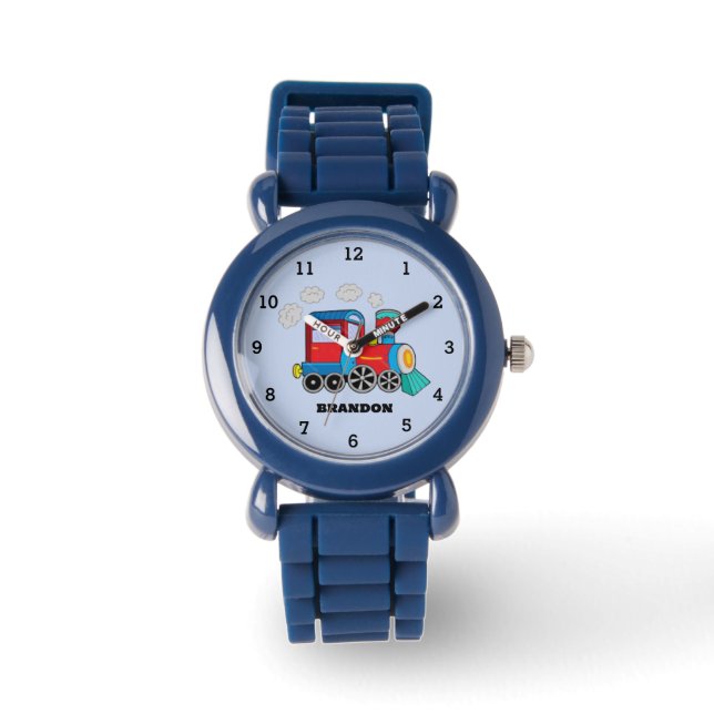 Kinder Treinjongens Blauw Aangepaste Naam Horloge (Voorkant)