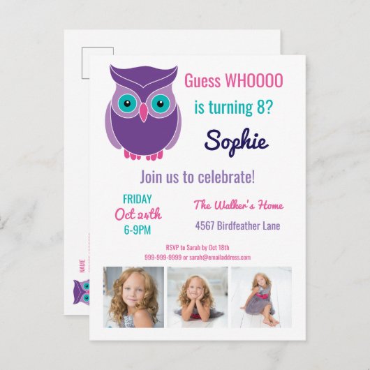 Kinder uil verjaardagsfeestje schattige dier aange uitnodiging briefkaart (Voorkant / Achterkant)