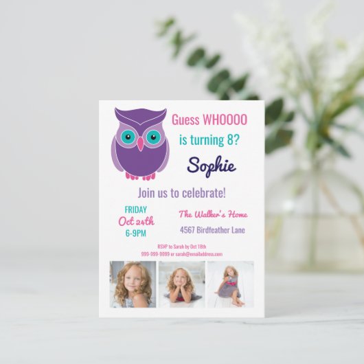 Kinder uil verjaardagsfeestje schattige dier aange uitnodiging briefkaart (Staand voorkant)