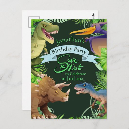 Kinder uitnodiging Dinosaur Birthday (Voorkant / Achterkant)