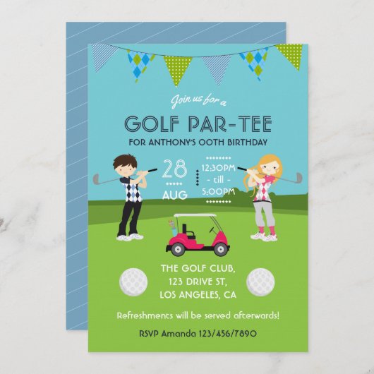 Kinder uitnodiging Golf Theme Birthday (Voorkant / Achterkant)