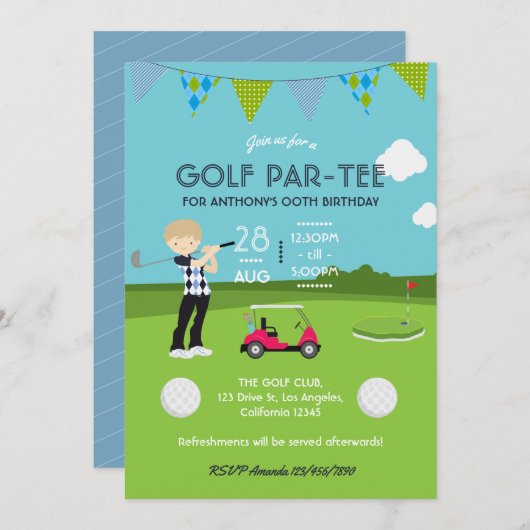 Kinder uitnodiging Golf Theme Birthday (Voorkant / Achterkant)