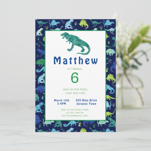 Kinder uitnodiging tot Waterverf Dinosaur Birthday (Staand voorkant)